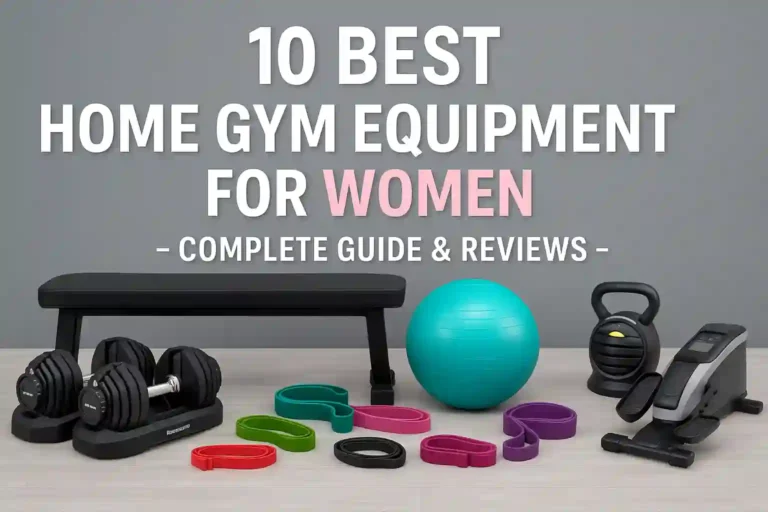 image showcasing top home gym equipment for women including dumbbells, resistance bands, and a stability ball.