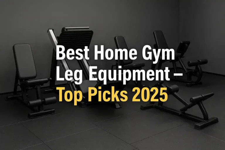 Modern home gym with top leg machines and text overlay "Best Home Gym Leg Equipment – Top Picks 2025