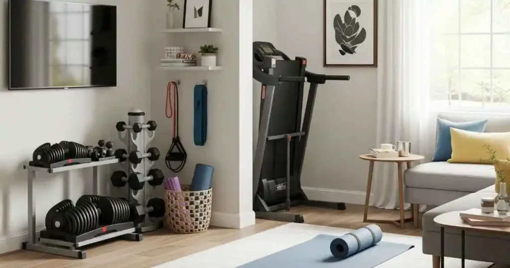 A collection of compact fitness equipment, including adjustable dumbbells, resistance bands, and a folded treadmill, arranged neatly in a modern living room.
