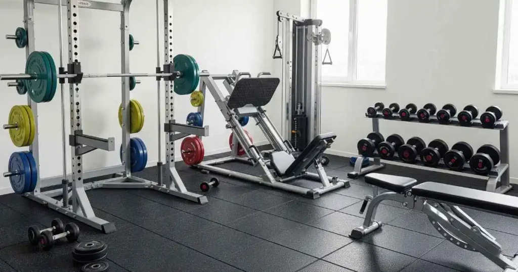 A well-equipped home gym with a squat rack, leg press machine, a set of dumbbells on a rack, and a weight bench on a black rubber mat.