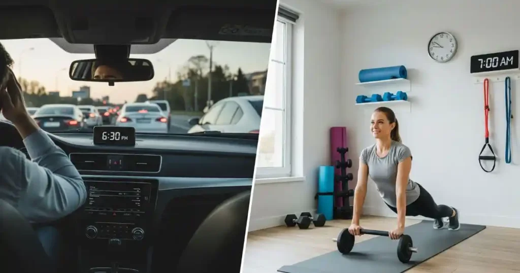 A side-by-side image contrasts the stress of a professional's commute with the convenience of a home workout. The left panel shows a man in a car, looking stressed in traffic, with a clock showing a late hour. The right panel shows a woman calmly and happily exercising in a tidy home gym with a clock showing an early, more convenient hour.