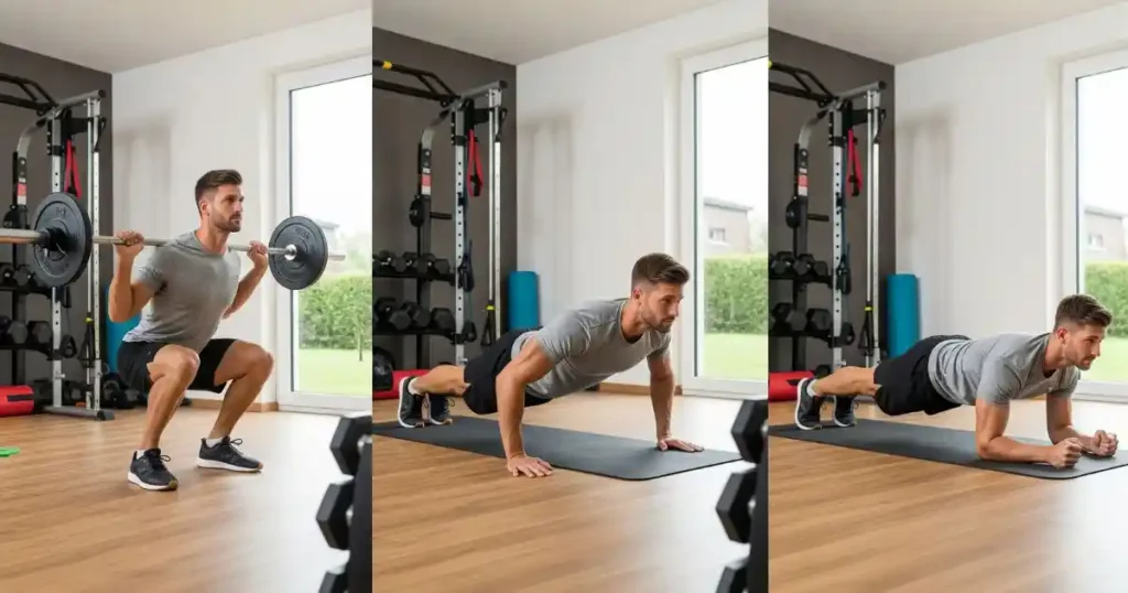 A three-panel image showing a man performing a full-body workout. The first panel shows him doing squats with a barbell. The second panel shows him in a push-up position. The third panel shows him holding a plank, demonstrating a comprehensive home exercise routine.