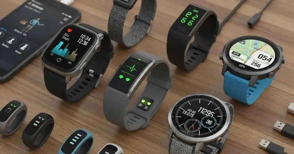 A flat lay of different types of fitness trackers, including smartwatches and bands, with their screens highlighting features like heart rate monitoring, GPS, and calorie counting.