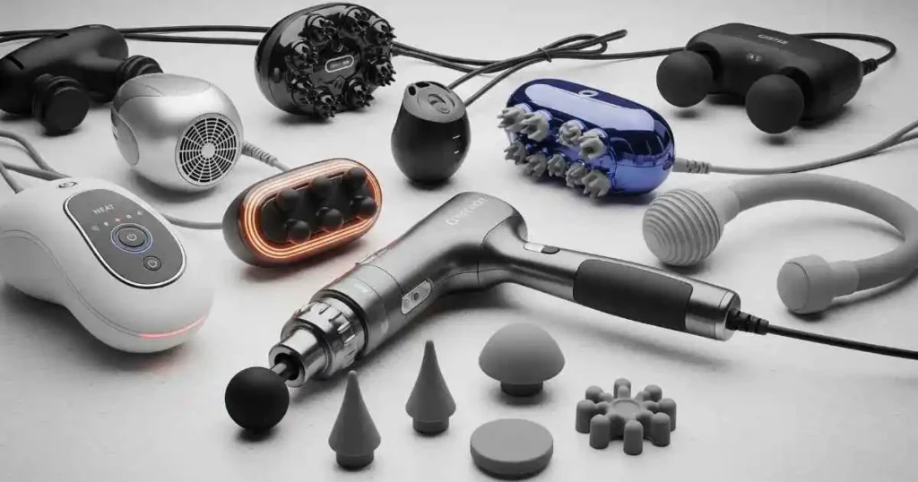 A collection of different personal massagers with various features, including interchangeable heads, heat functions, and unique ergonomic designs.