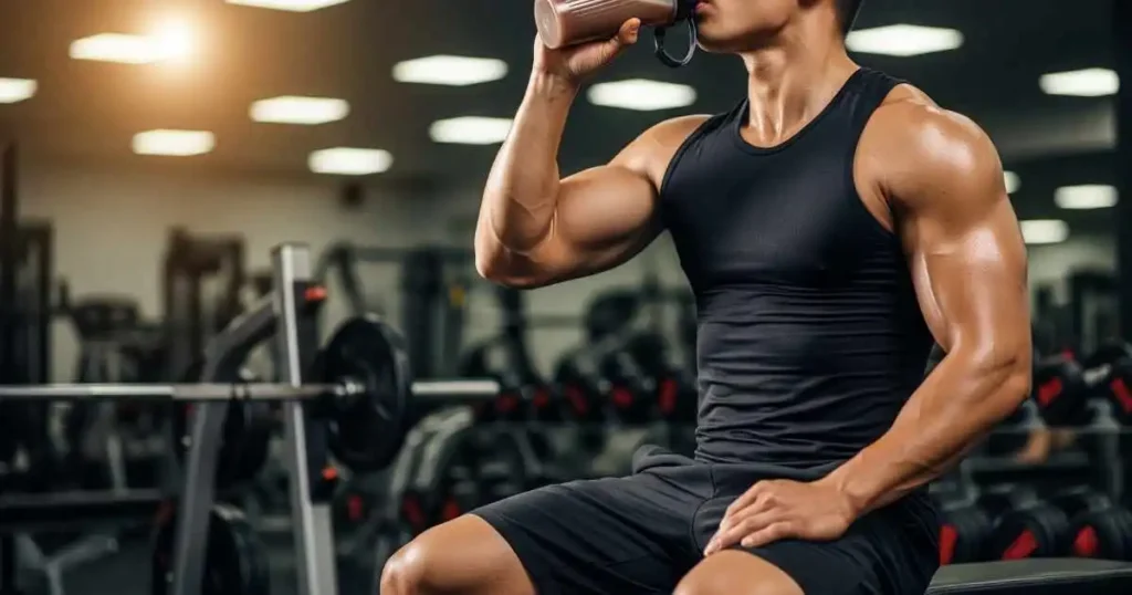 A muscular person drinking a protein shake from a shaker bottle after a workout.