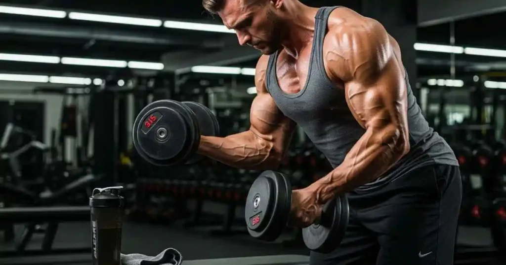 A muscular man lifting weights in a gym, with a protein shake and towel on a bench nearby.
