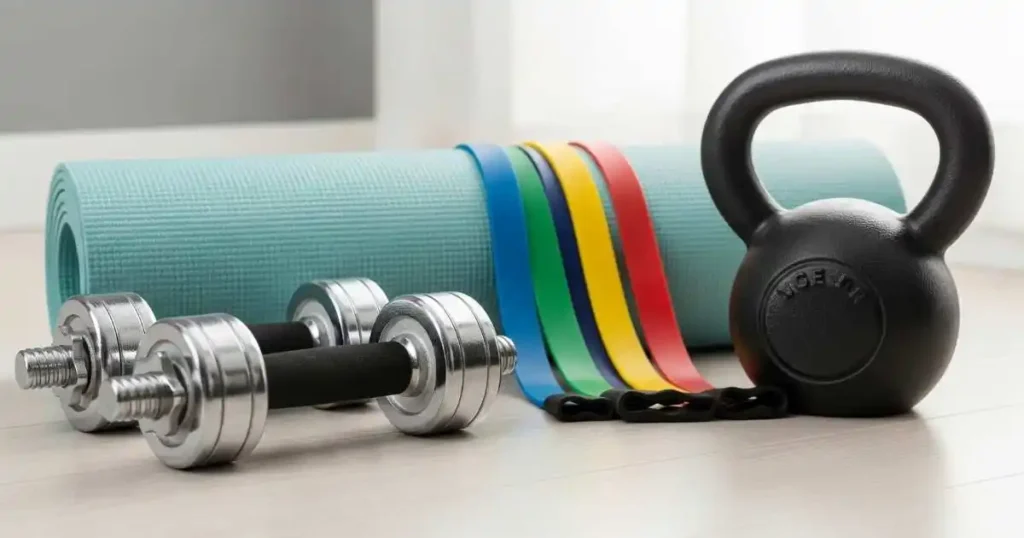 A close-up of essential home gym equipment including two silver dumbbells, a black kettlebell, a set of colorful resistance bands (red, yellow, green, blue), and a rolled-up blue yoga mat, all arranged on a light wooden floor.
