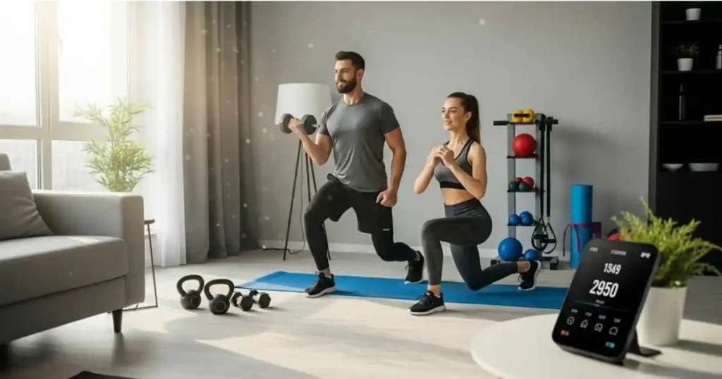 A man and a woman are exercising together in a bright, modern living room that has been converted into a home gym. The man is lifting a dumbbell while the woman performs lunges. Various gym equipment is visible in the background.