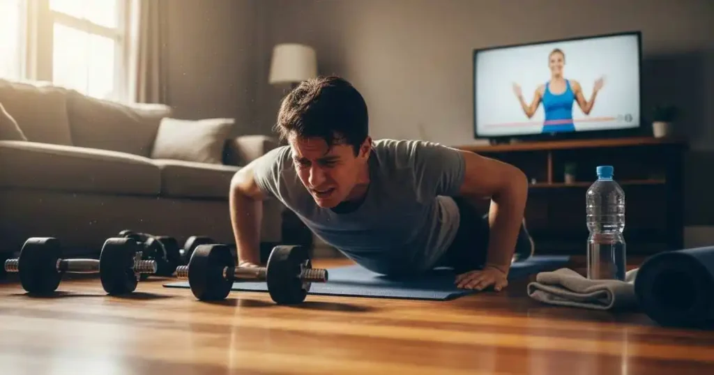 A man is in the middle of doing a push-up on a yoga mat in his living room. He looks exhausted and is grimacing with effort. Dumbbells and a water bottle are on the floor around him, and a television in the background shows a paused fitness video.