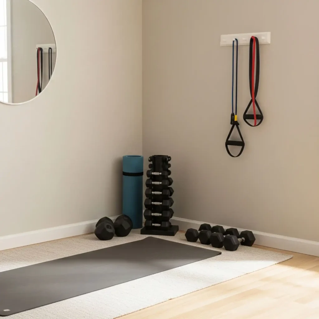 A small, well-organized home gym is set up in the corner of a room with light-colored wood floors and neutral walls. The space features a yoga mat, a set of dumbbells on a small rack, and resistance bands hanging on the wall. A round mirror and a potted plant add to the simple decor.