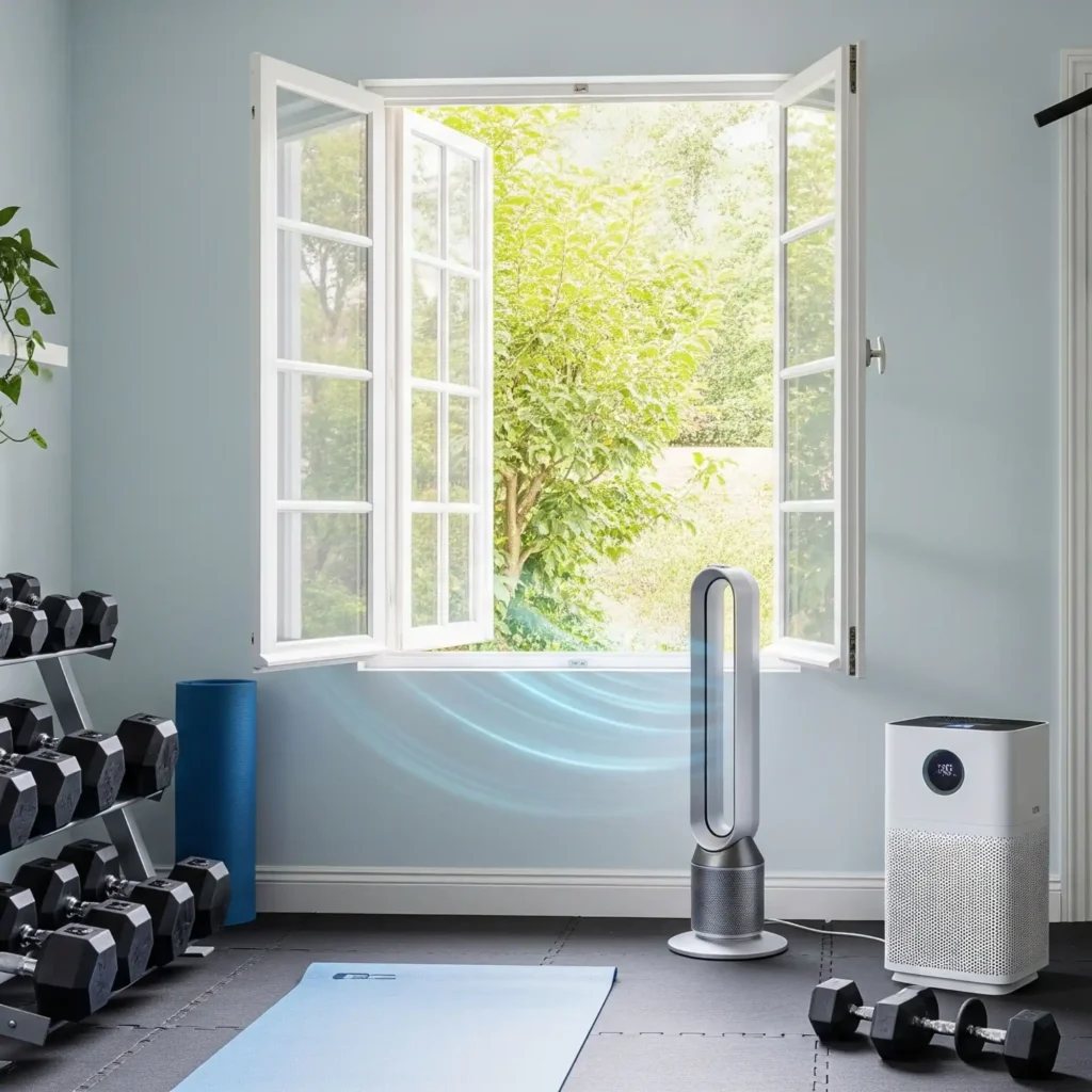 A home gym with an open window bringing in fresh air from lush green trees outside. A tower fan and an air purifier are strategically placed to enhance airflow. The room is equipped with dumbbell racks, a yoga mat, and a stationary bike, and a pull-up bar is mounted on the door.
