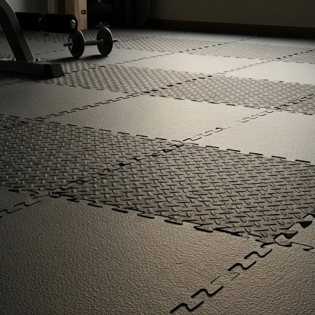 A close-up view of a home gym floor covered with dark gray interlocking rubber mats. The textured surface is designed for stability and protection, with a dumbbell and the base of a weight bench visible on the mats.