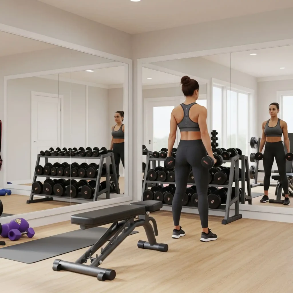 A woman in athletic wear stands in a spacious home gym with large wall-to-wall mirrors, holding a dumbbell and observing her reflection. The mirrors reflect the room, making it appear larger, and allow her to monitor her exercise form. The gym is well-equipped with dumbbell racks, an adjustable weight bench, and a medicine ball.