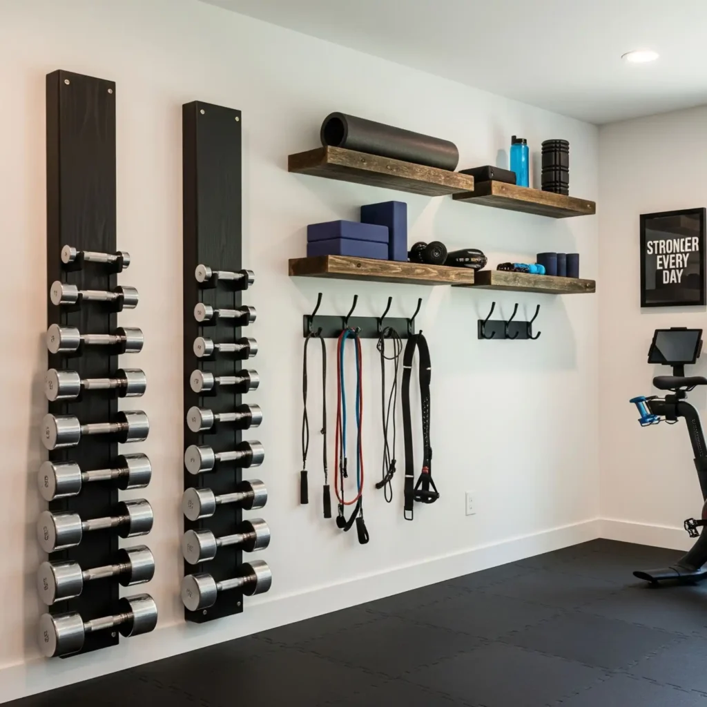 A clean and organized home gym shows a wall with vertical racks holding dumbbells, hooks for resistance bands and jump ropes, and floating shelves for other gear. A stationary bike is on the floor, which is covered with black interlocking mats. The space is well-lit and tidy, demonstrating effective storage.