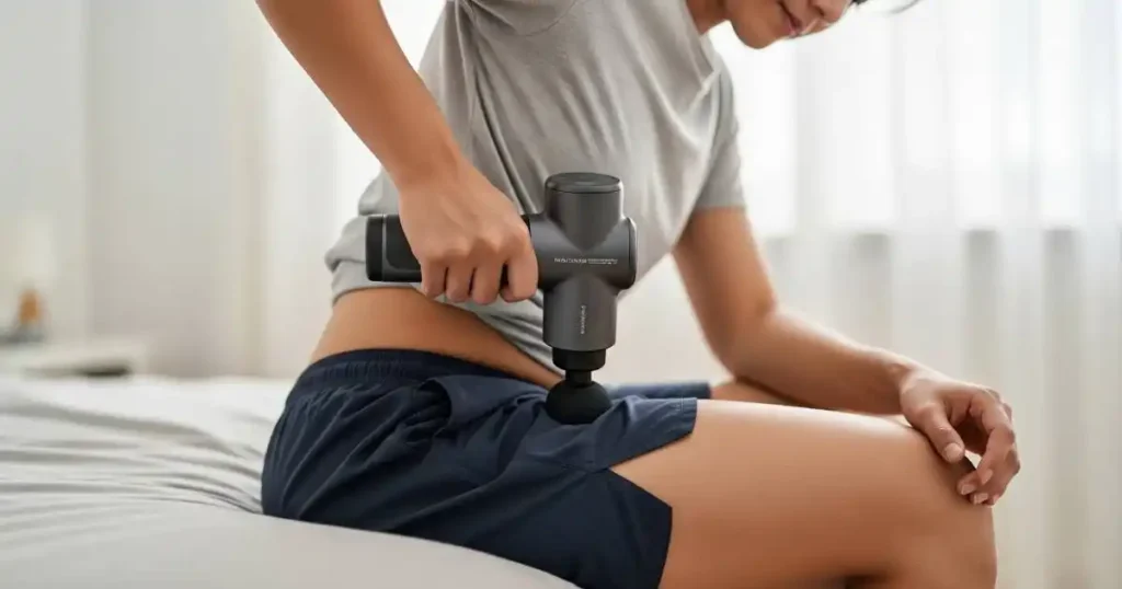 A person is seated on the edge of a bed, using a massage gun to target their lower back and upper leg, an area commonly affected by sciatica pain. Their pose suggests a focused effort to relieve discomfort.