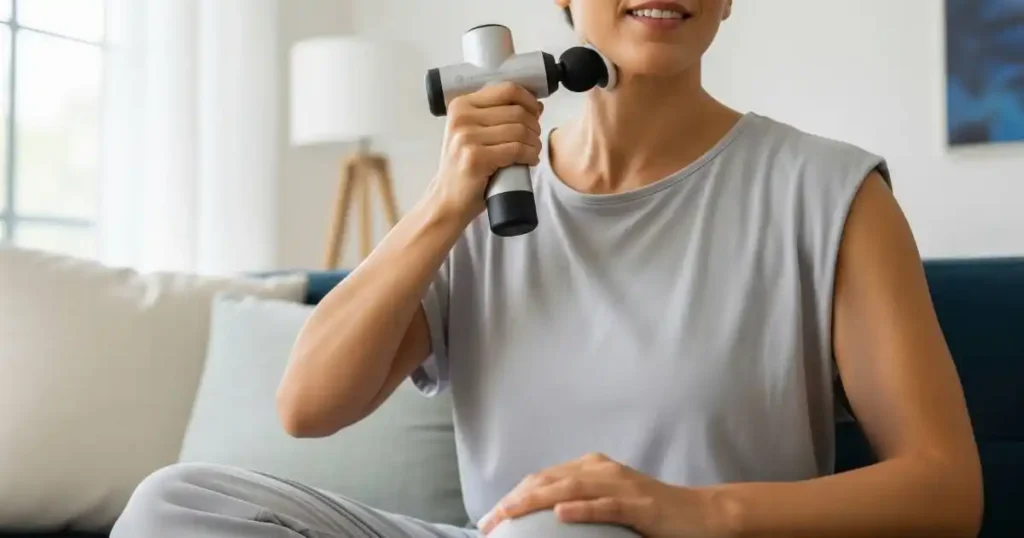 A woman is seated on a couch, gently applying a massage gun to the side of her neck and arm. The image highlights the use of the device for lymphatic drainage, with a focus on a calm and soothing application.