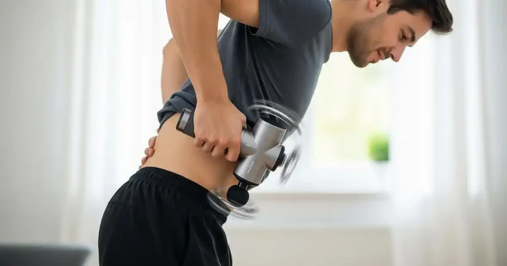 A man is standing and bending slightly, using a massage gun on his lower back. His expression suggests he is focused on relieving muscle tension. The image highlights the use of the device for targeted pain relief.