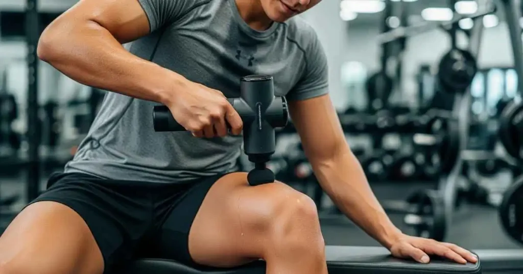 A man with an athletic build is seated on a workout bench, using a percussive massage gun on his leg. His expression shows focus and relief, and the blurred background indicates he is in a gym environment.