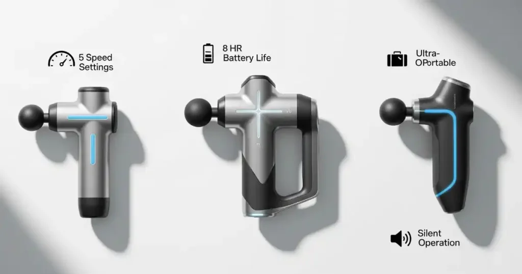A flat-lay product comparison of three modern, futuristic massage guns on a clean white background. Small icons and text labels highlight key features like speed settings, battery life, portability, and noise level for a professional tech review look.