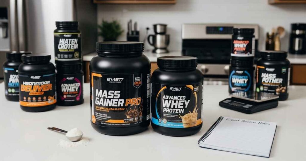 A professional photo showing various protein powder and mass gainer tubs on a kitchen counter, with a digital scale and an open notebook with "Expert Review Notes" visible.
