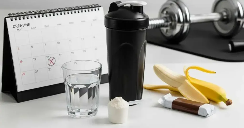 A flat-lay image showing a glass of water, a scoop of creatine powder, a shaker bottle, a calendar, a peeled banana, and a protein bar on a white surface.