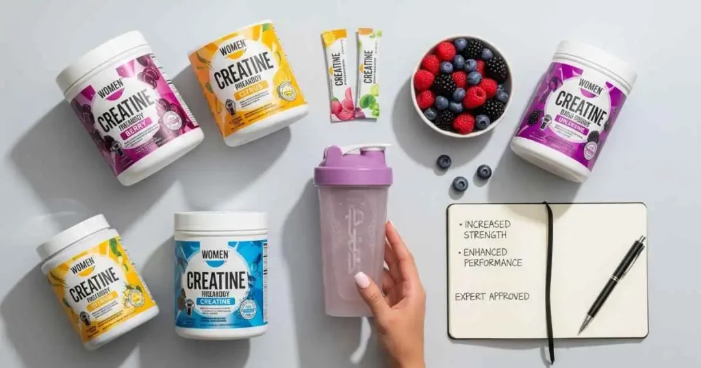 A flat-lay photo showing various creatine products, a shaker bottle held by a woman's hand, a bowl of berries, and a notebook with "Expert Approved" written on it.