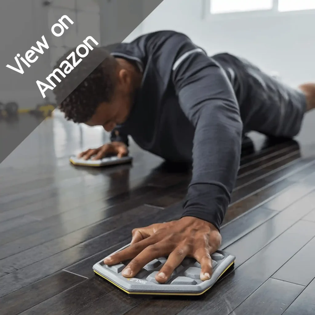 boy using SKLZ Slidez Dual-Sided Exercise Glider Discs on floor  