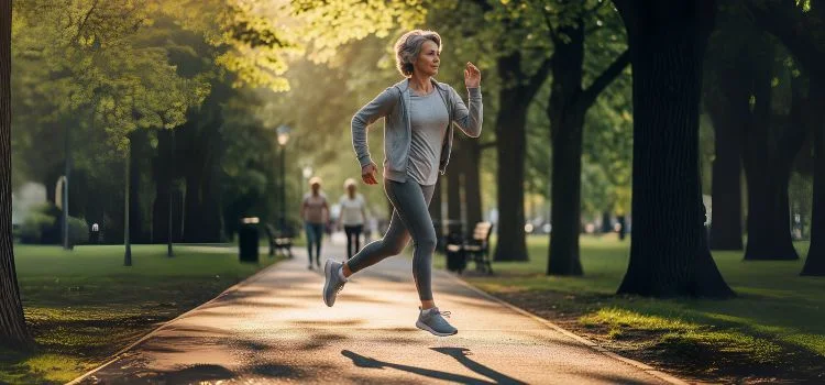 A fit, mature woman with graying hair jogs on a park path at sunset, symbolizing fitness and well-being after the age of 50.