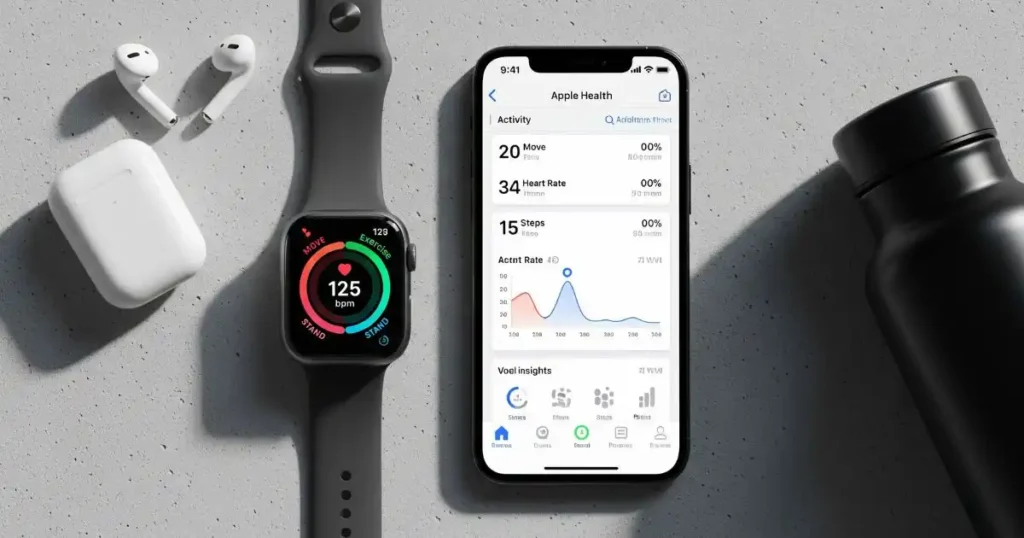 A flat-lay photo of an Apple Watch displaying activity rings and an iPhone showing the Apple Health app, with AirPods and a water bottle nearby.