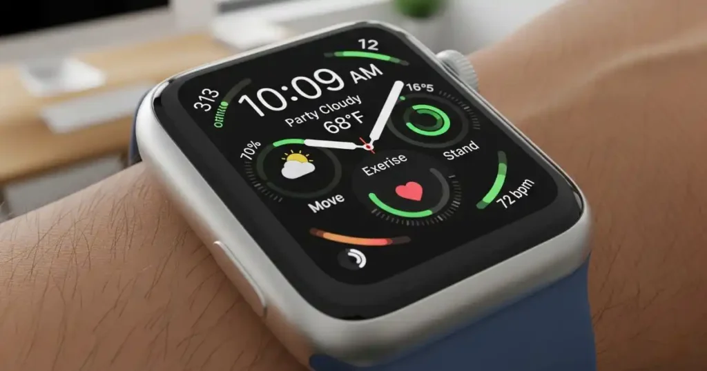A close-up shot of an Apple Watch SE on a wrist, displaying a customizable watch face with weather, activity rings, and heart rate complications.