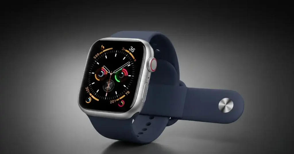 A professional studio shot of a single Apple Watch Series 9 on a dark gradient background, highlighting its screen and midnight-blue sport band.