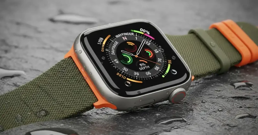 A close-up, high-resolution shot of the Apple Watch Ultra 2 on a wet, textured dark surface, with its orange action button and olive-green Alpine Loop band visible. The watch face shows its adventure-focused "Wayfinder" complication.