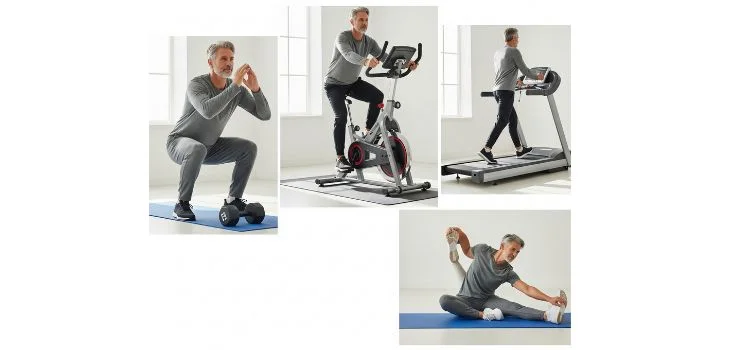 A man over 50 is shown in a four-panel image, demonstrating a balanced workout routine. The panels show him doing squats with dumbbells, riding a stationary bike, walking on a treadmill, and stretching on a yoga mat.