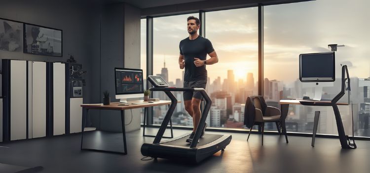 A man in athletic wear is running on a treadmill inside a modern office with large windows overlooking a city skyline at sunset.