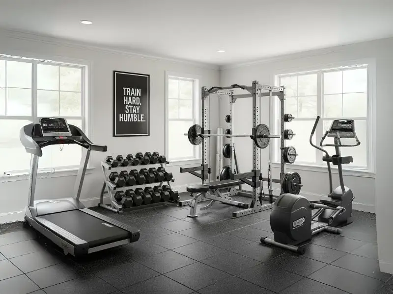 well-equipped home gym with a power rack, weight bench, dumbbell rack, treadmill, and elliptical machine.