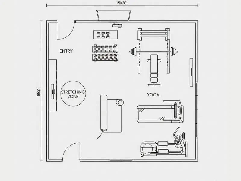 Floor plan of a home gym with workout equipment and stretching zone.