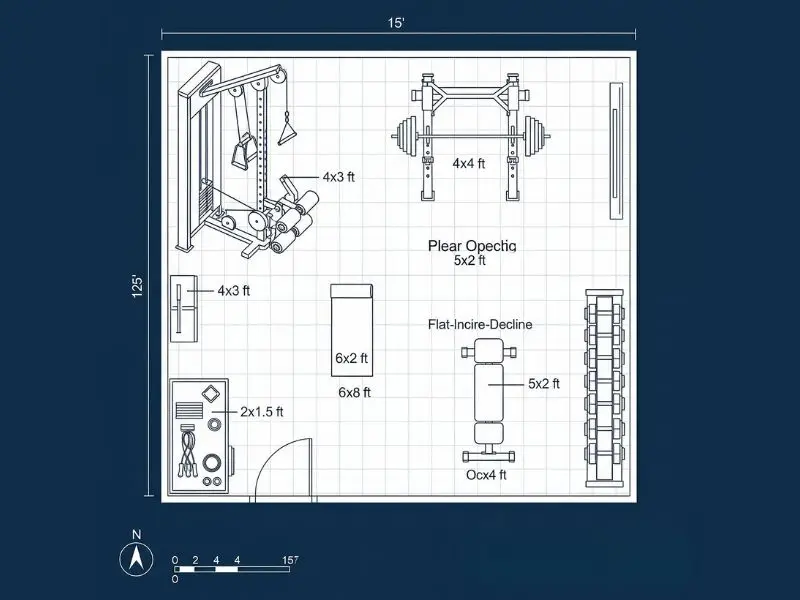 A detailed blueprint showing the layout of a minimalist home gym.