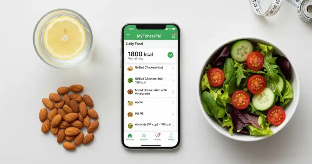 A flat-lay image of a smartphone displaying the MyFitnessPal app's food log, surrounded by a salad bowl, almonds, and a glass of water.