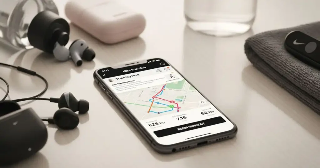 A smartphone displaying the Nike Run Club app with a training plan and running route, surrounded by a water bottle, a towel, and wireless earbuds.