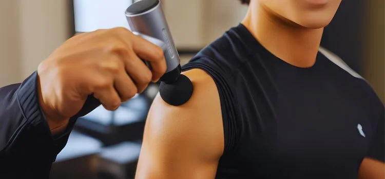 close-up of a massage gun with a round head attachment being used on a person's shoulder muscle, illustrating deep tissue percussive therapy.
