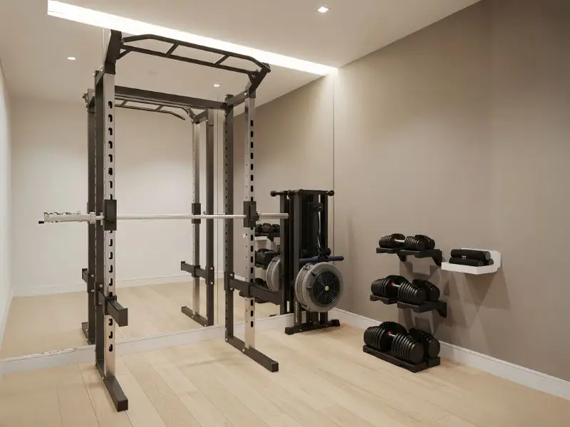 small home gym featuring a large mirror to create an open feel. It includes a wall-mounted squat rack, a compact, foldable rowing machine, and adjustable dumbbells on a small shelf.