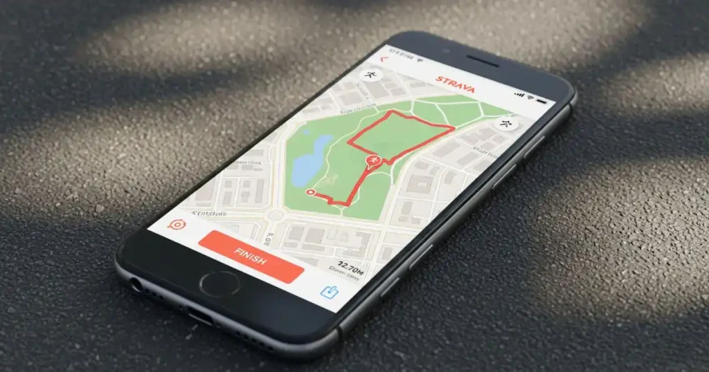 A smartphone displaying the Strava app with a map showing a red running route, placed on a dark asphalt surface with shadows.