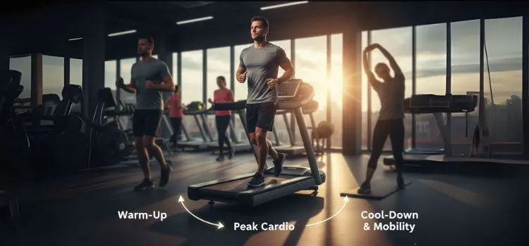 A man on a treadmill in a gym, flanked by people warming up and cooling down, with arrows indicating "Warm-Up," "Peak Cardio," and "Cool-Down & Mobility" to illustrate a structured cardio routine.