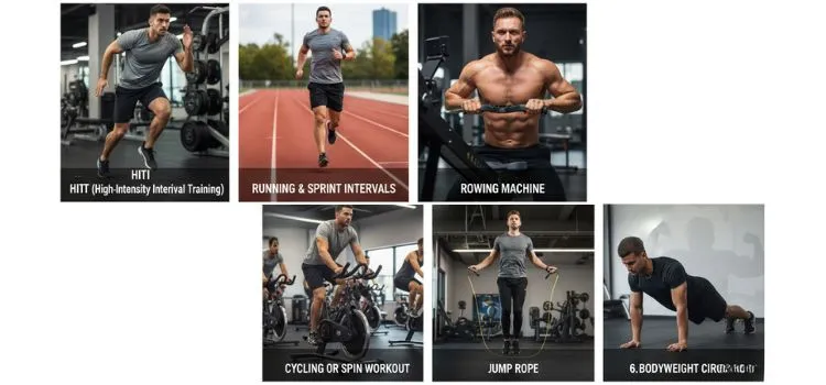 Six images of men doing various cardio exercises: HIIT, running, rowing, cycling, jump rope, and bodyweight circuits, illustrating the best cardio workouts for men.