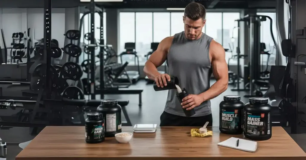 A person in workout attire holds a clear shaker bottle filled with a mixed protein shake and a large container of protein powder, suggesting a thoughtful choice for their fitness routine.