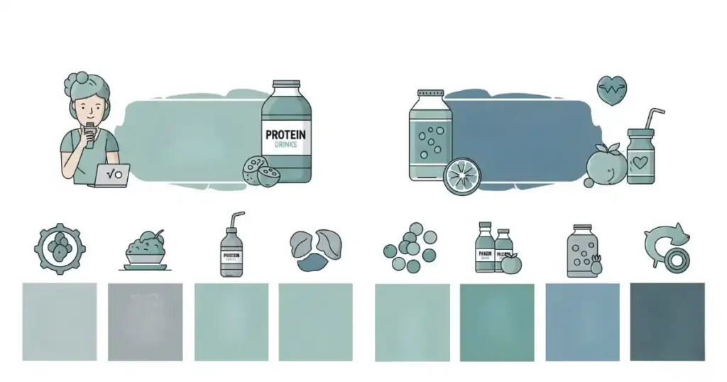 An infographic-style illustration with the title "KEY FAS BUY PROTEIN DRINKS FOR WEIGHT LOSS."
