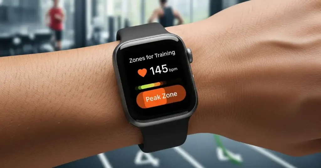A close-up shot of an Apple Watch on a person's wrist during a workout, with the screen displaying the "Zones for Training" app showing a heart rate and "Peak Zone" in a color-coded bar.