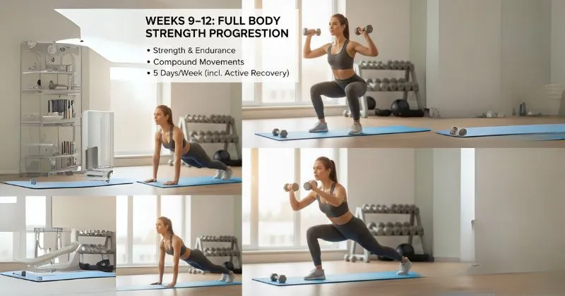 A collage of a woman performing advanced full-body exercises, including a squat with a shoulder press using dumbbells, and dynamic plank variations. This image illustrates the final phase (weeks 9-12) of a beginner workout plan for women, focusing on blending strength and endurance with compound movements and progressive weight increases.