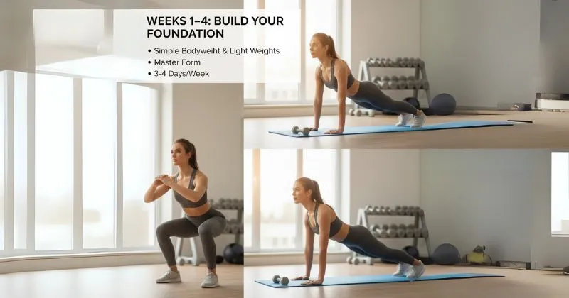 A collage of a woman demonstrating foundational exercises for a beginner workout routine, including a bodyweight squat and a plank. The image illustrates the focus on mastering form and basic movements during the initial weeks (1-4) of a fitness plan for women.