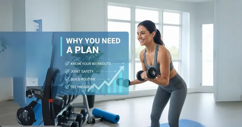 A smiling woman performing bicep curls with dumbbells in a bright home gym, overlaid with an infographic highlighting reasons to use a structured fitness plan: "Know Your Workouts," "Joint Safety," "Build Routine," and "See Progress." This visual emphasizes the benefits for women starting a fitness journey.